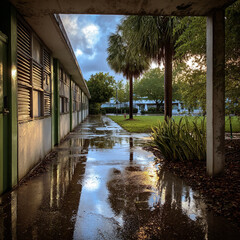 an outdoor school in South Florida, concrete corridors with square concrete pillars