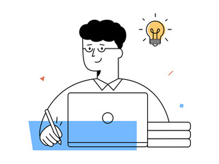 A male author with glasses writes on laptop in modern digital workspace, surrounded by notebooks and pens, symbolizing creativity, learning, and educational inspiration