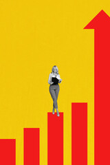 3d sketch image vertical collage of happy old businesswoman stand chart arrow development...