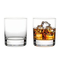 Empty glass and whiskey glass with ice isolated on transparent background