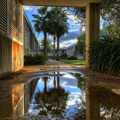 an outdoor school in South Florida, concrete corridors with square concrete pillars