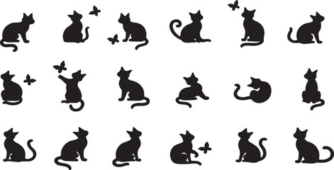 A collection of diverse animal silhouettes, including a black cat and a kangaroo vector illustration set