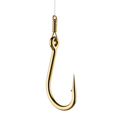 Golden fishing hook with spring isolated on transparent background hanging from a line