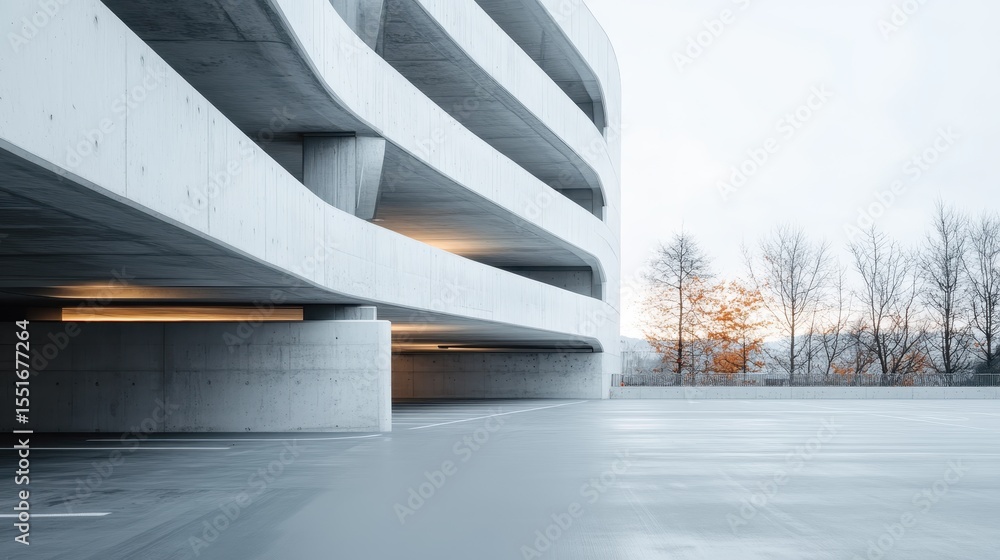 Poster a sleek and minimalist parking garage with curved concrete structures showcases modern architecture,