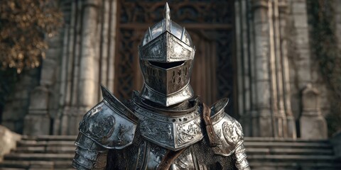 Pixel Art Knight in Silver Armor Standing Before Castle Entrance