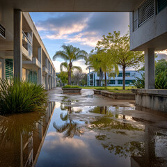 an outdoor school in South Florida, concrete corridors with square concrete pillars