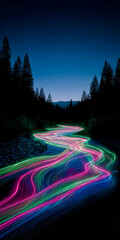a neon river winding through a dark forest, glowing currents streak into vibrant trails of pink, blue, and green, trees blur into shadowy silhouettes