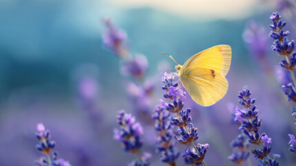 Yellow butterfly sits on lavender flower