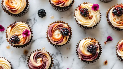 52. Overhead shot of mini cheesecakes with swirl designs and toppings