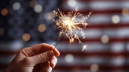 Female hand with sparkler on american flag background. Happy 4th of July concept