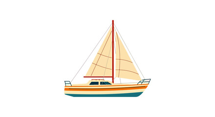 Flat Stylized  Illustration of Sailboat with Cream and Teal Striped Hull, Reddish-Brown Mast, and Unfurled Cream Sails in Broadside View