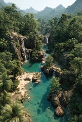 Breathtaking Tropical Landscape with Cascading Waterfalls and Clear Turquoise River Surrounded by Lush Green Forest and Majestic Mountains