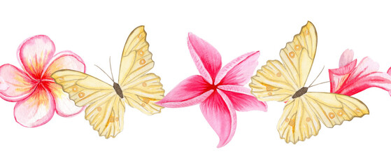 Yellow butterflies, pink tropical plumeria flowers seamless watercolor border. Hand-painted perfect for summer wedding invitations, exotic packaging design, textile and seasonal decorative projects