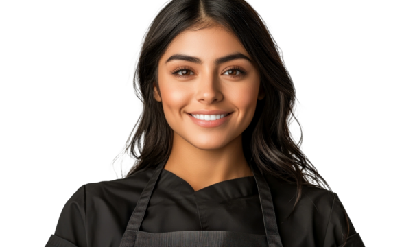 Confident Female Chef Smiling Against a Black Background in Professional Culinary Attire with a Friendly Expression Ready to Prepare Delicious Meals - Powered by Adobe