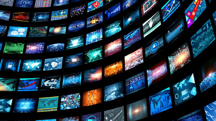 A captivating array of vibrant digital screens showcases diverse data streams news feeds global...
