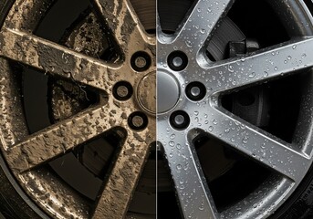 Before and after comparison of a dirty, muddy alloy wheel and a sparkling clean one. Car wash, rim cleaning, and auto detailing concept.