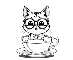Charming Cat in Teacup with Glasses