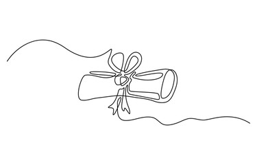 continuous one line drawing of a diploma with ribbon. Hand drawn one line vector. Editable stroke