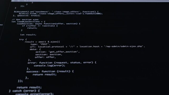 Close-up of JavaScript programming code lines displayed on a dark screen, representing web development, software engineering, and advanced digital technology