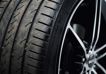 Closeup of a high-performance tire tread and modern alloy rim. Concept of speed, driving safety, and automotive maintenance.