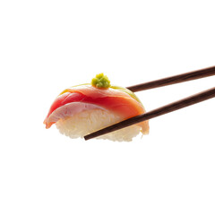 Chopsticks Sushi served on PNG background.