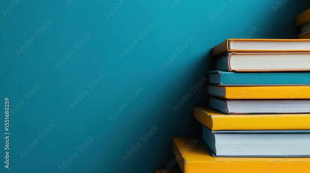 Poster a visually appealing stack of colorful books arranged against a vibrant teal background, showcasing 
