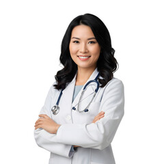 Smiling asian woman doctor with stethoscope and white coat isolated on transparent background