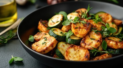 This eye-catching dish showcases beautifully roasted vegetables such as zucchini, emphasizing the fresh ingredients and rustic appeal of healthy eating.