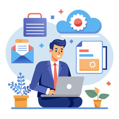 Document management concept cloud storage audit trails security search businessman laptop system virtual screen modern flat design simple vector illustration isolated transparent background