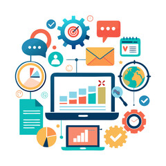 Digital marketing technology online concept SEO Advertising Ecommerce business online marketing direct sale digital marketing strategies and goals modern flat design simple vector illustration