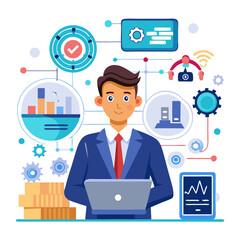 Smart Manufacturing concept Introducing advanced technologies such as AI ML IoT and robotics in the manufacturing process Businessman use laptop with smart manufacturing system on virtual screen