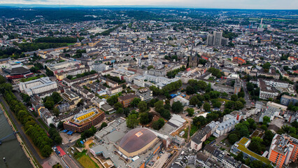 Aerial panorama view above the old town of the city Bonn in Germany on a sunny noon in spring