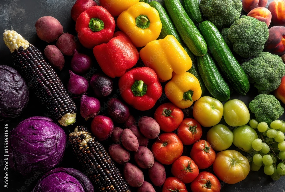 Poster colorful array of fresh vegetables and fruits displayed in horizontal line captured from above with 