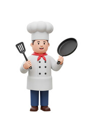 Cartoon Chef with Pan And Spatula on Isolated Background in 3D Illustration