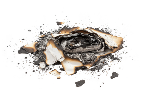 Burnt Crumpled Paper Ashes Texture Background Isolated on Transparent PNG