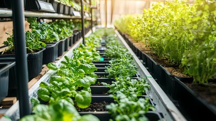 Fresh Green Seedlings Growing in Organized Greenhouse Environment