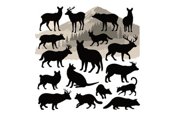 Obraz premium Wild animals silhouette collection in black vector style set with mammals like lion tiger elephant and more