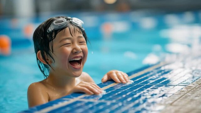 泳ぎ終えて笑顔を見せる子どものひととき