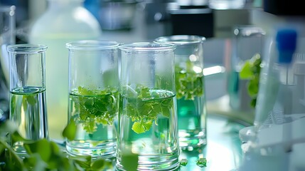 Fresh Plant Samples in Laboratory Beakers with Green Liquid Solutions