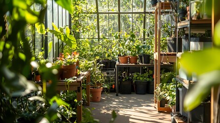 Lush Greenhouse Interior with Plants and Natural Sunlight Filtering