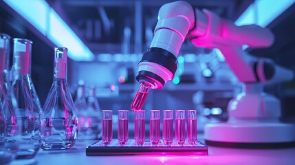 Robotic Arm Conducting Laboratory Experiment with Test Tubes and Beakers