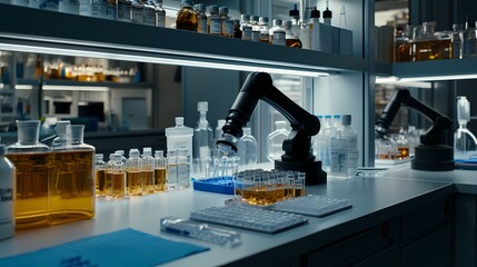 High-Tech Laboratory with Robotic Arm and Sample Bottles