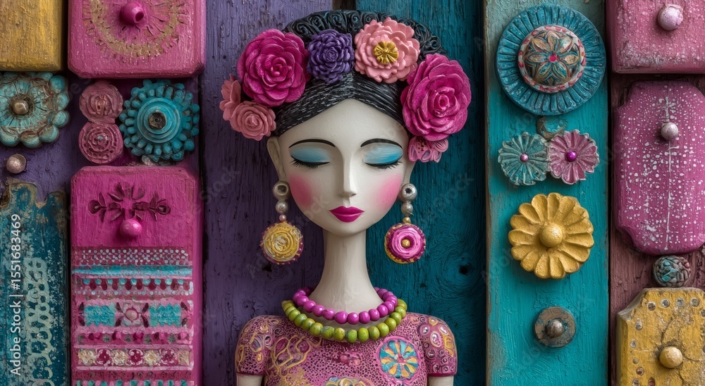 Poster a vibrant artistic setting showcases a stylized figure encircled by an array of colorful abstract sh