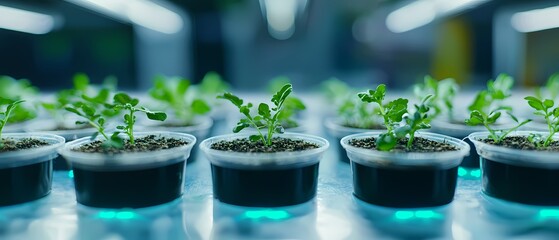 Fresh Seedlings Growing Indoors in Small Pots Under Bright Lights