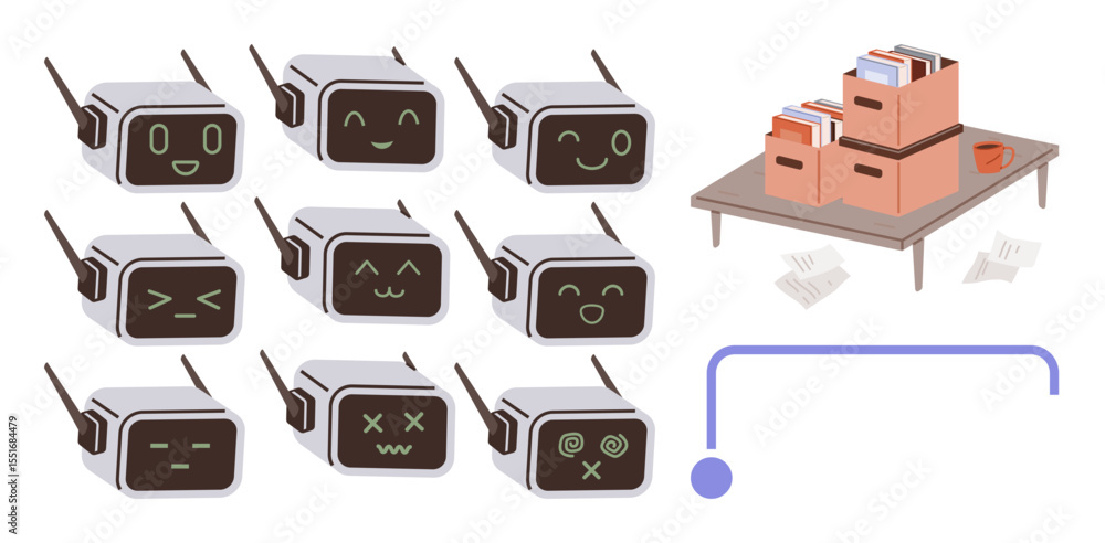 Aufkleber Diverse robot faces display emotions alongside neatly organized file boxes on a desk. Ideal for technology, emotion AI, organization, robotics, workflow, office systems, and digital storage simple