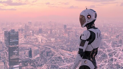 Futuristic Robot Overlooking a Vibrant Urban Cityscape at Dusk
