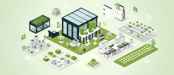 Modern Sustainable Urban Farm with Hydroponic Greenhouse and Equipment