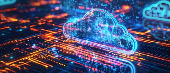 Digital Cloud Computing Concept with Binary Code Flow and Lights