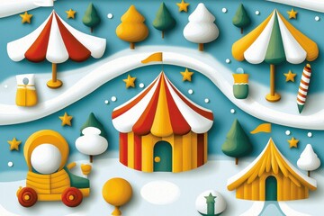 Obraz premium Colorful Carnival Scene with Tents and Trees in Winter Wonderland
