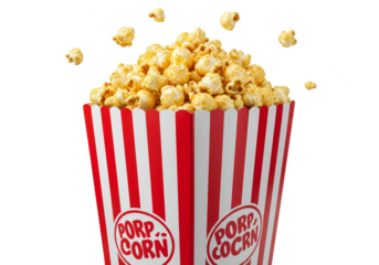 Delicious Caramel Popcorn in Striped Bucket Isolated with Transparent Background